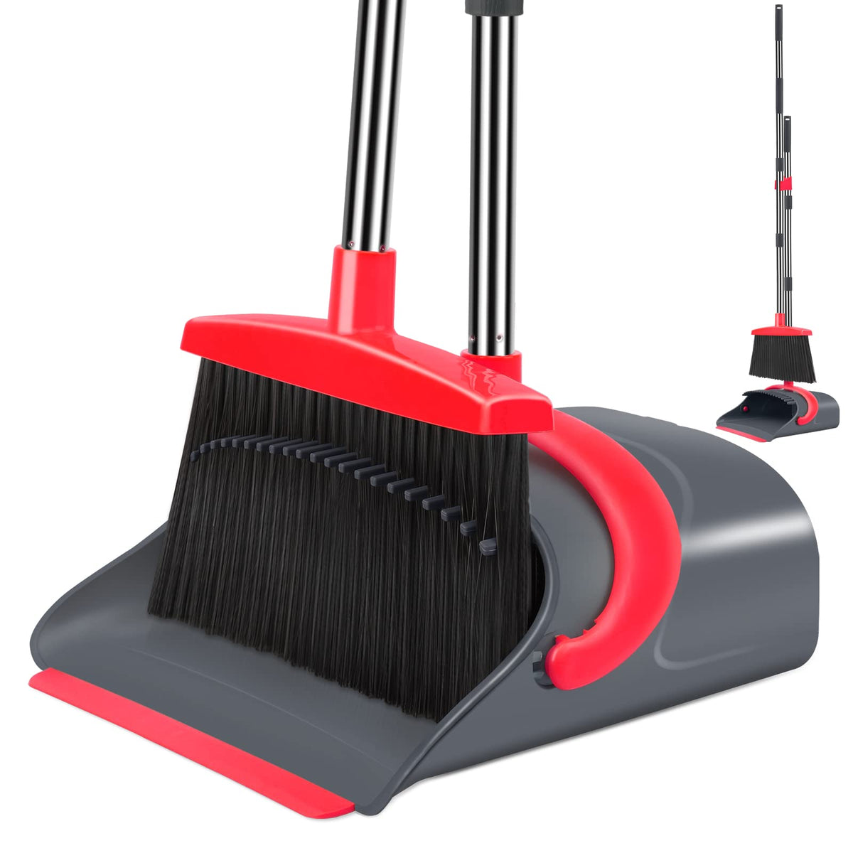 Broom & Dustpan Set with Adjustable Handle – Step-On Dustpan & Hair-Removing Comb Teeth