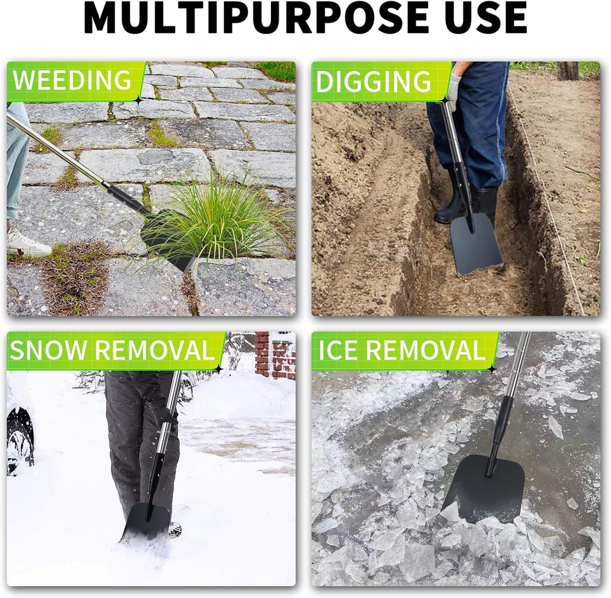 Flat Shovel with Adjustable Stainless Steel Handle – Carbon Steel Blade, Snow, Weeding & Earthwork