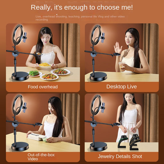 Adjustable Overhead Phone Stand with Fill Light – Dual Camera Desktop Mount for Food Photography, Drawing & Live Streaming