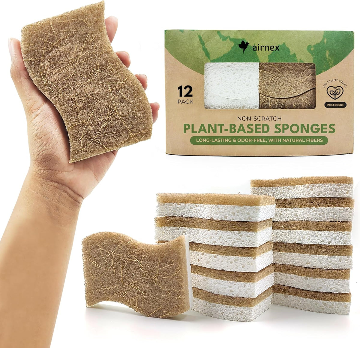 Biodegradable Natural Kitchen Sponge – Cellulose & Coconut Husk, Non-Scratch, Dishwasher Safe