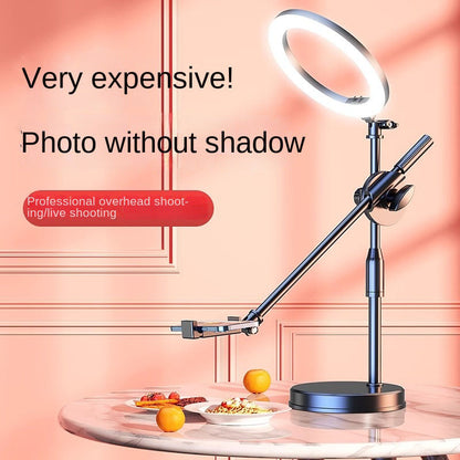Adjustable Overhead Phone Stand with Fill Light – Dual Camera Desktop Mount for Food Photography, Drawing & Live Streaming