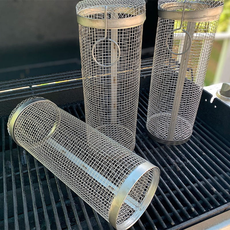 Rolling BBQ Grilling Basket – Stainless Steel Barbecue Grill Cage for Vegetables, Fish & Meat