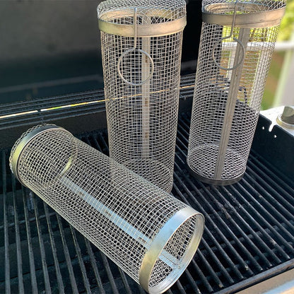 Rolling BBQ Grilling Basket – Stainless Steel Barbecue Grill Cage for Vegetables, Fish & Meat