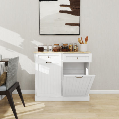 Double Tilt-Out Kitchen Trash Cabinet with 2 Drawers – Wooden Hidden Garbage Bin Storage Cabinet (White)