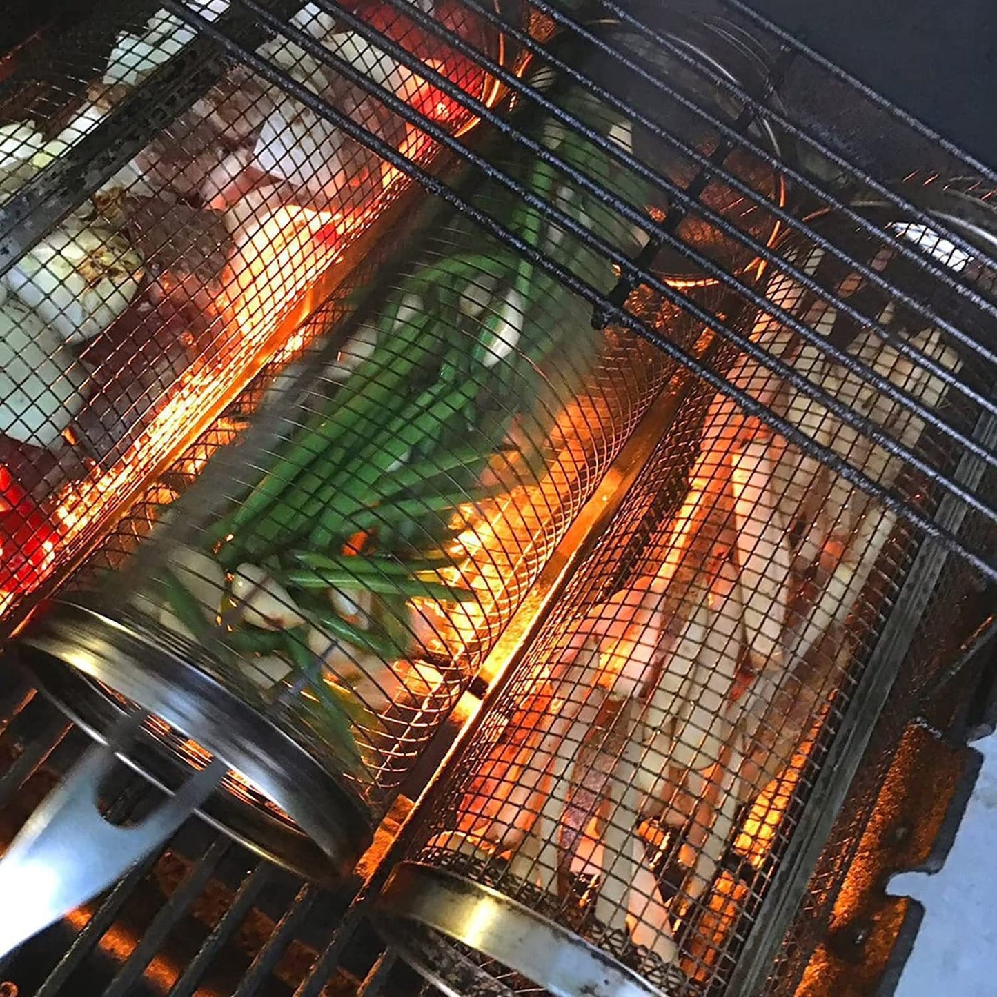 Rolling BBQ Grilling Basket – Stainless Steel Barbecue Grill Cage for Vegetables, Fish & Meat