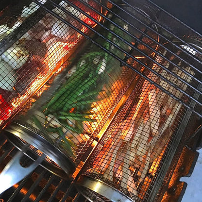 Rolling BBQ Grilling Basket – Stainless Steel Barbecue Grill Cage for Vegetables, Fish & Meat