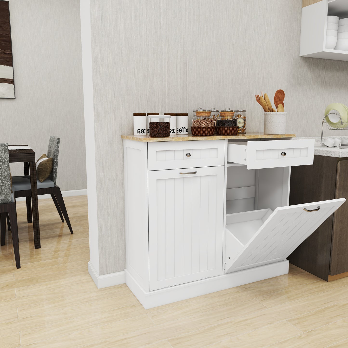 Double Tilt-Out Kitchen Trash Cabinet with 2 Drawers – Wooden Hidden Garbage Bin Storage Cabinet (White)