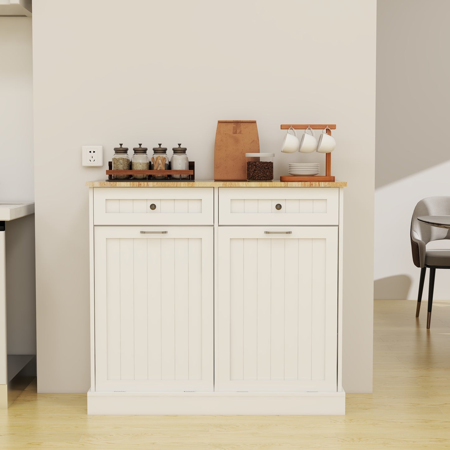 Double Tilt-Out Kitchen Trash Cabinet with 2 Drawers – Wooden Hidden Garbage Bin Storage Cabinet (White)
