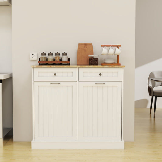 Double Tilt-Out Kitchen Trash Cabinet with 2 Drawers – Wooden Hidden Garbage Bin Storage Cabinet (White)