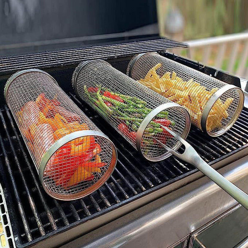 Rolling BBQ Grilling Basket – Stainless Steel Barbecue Grill Cage for Vegetables, Fish & Meat