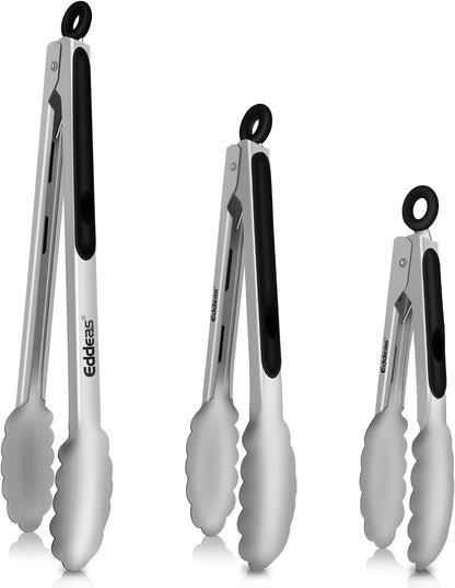 EDDEAS Stainless Steel Kitchen Tongs Set – Heat Resistant to 600°F, Locking, Set of 3 (7", 9", 12")