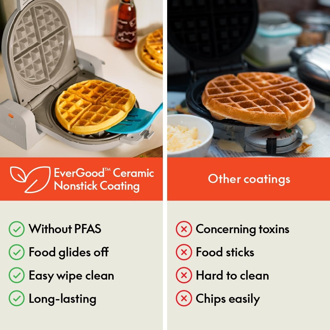 BELLA Flip & Store Belgian Waffle Maker – 1000W, Ceramic Nonstick, Compact Upright Storage