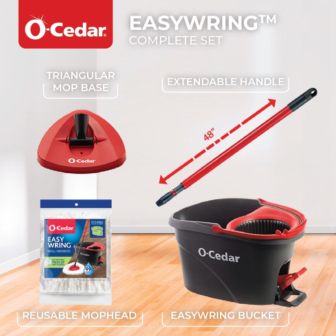 O-Cedar EasyWring Microfiber Spin Mop & Bucket System – Hands-Free Wringing, Machine-Washable Mop Head