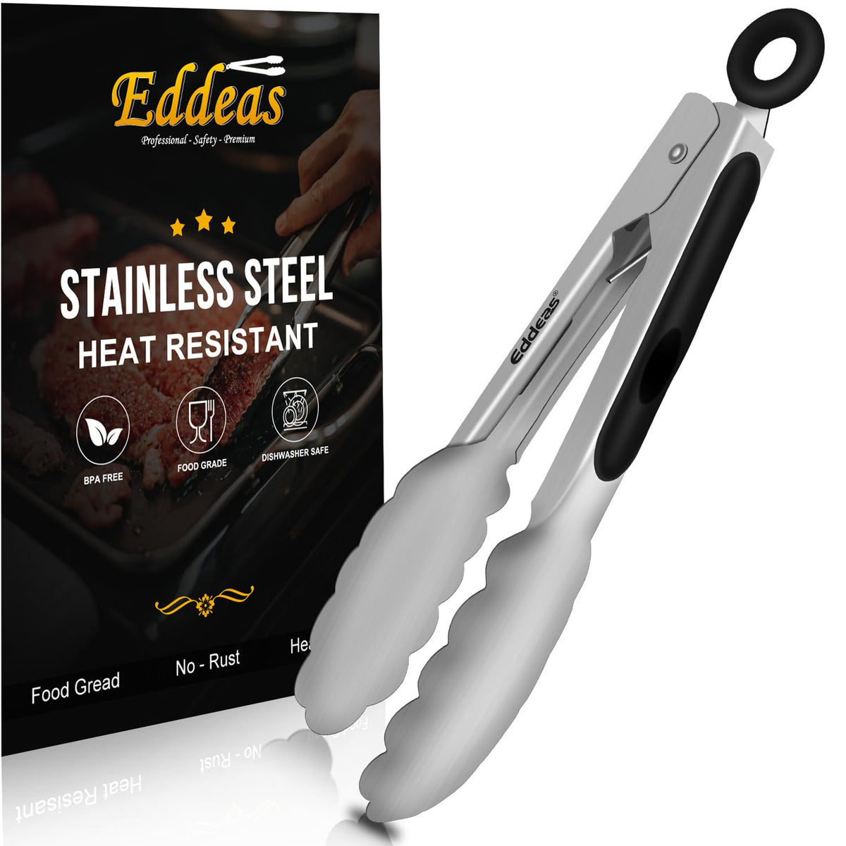 EDDEAS Stainless Steel Kitchen Tongs Set – Heat Resistant to 600°F, Locking, Set of 3 (7", 9", 12")