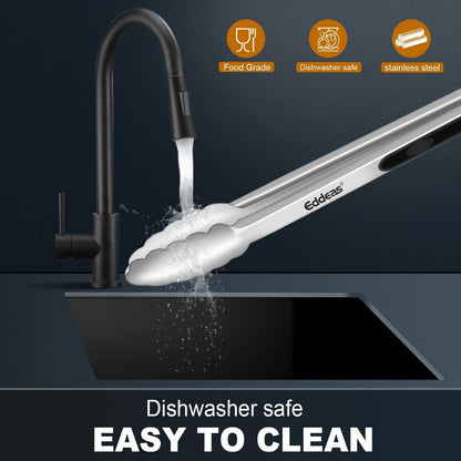 EDDEAS Stainless Steel Kitchen Tongs Set – Heat Resistant to 600°F, Locking, Set of 3 (7", 9", 12")