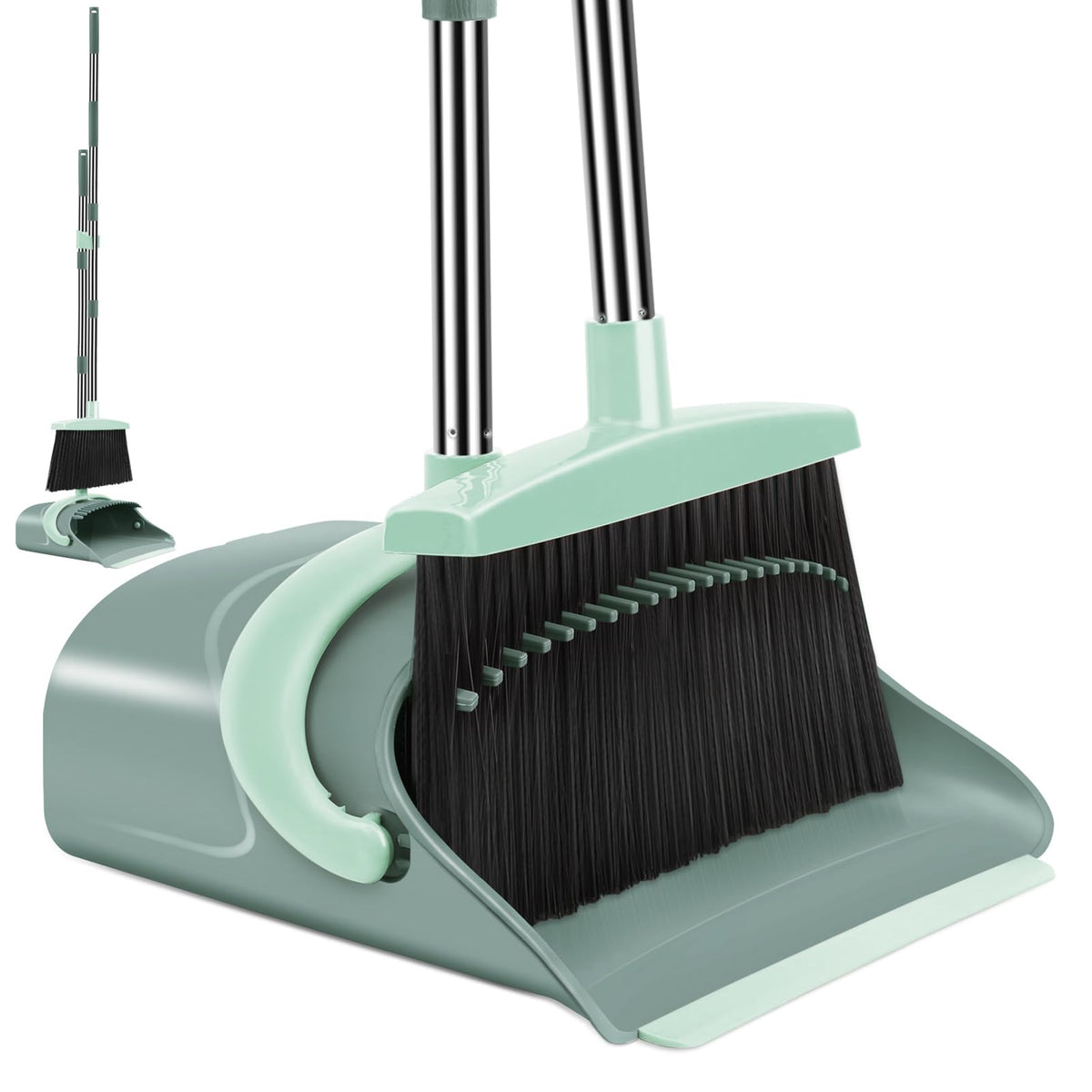 Broom & Dustpan Set with Adjustable Handle – Step-On Dustpan & Hair-Removing Comb Teeth