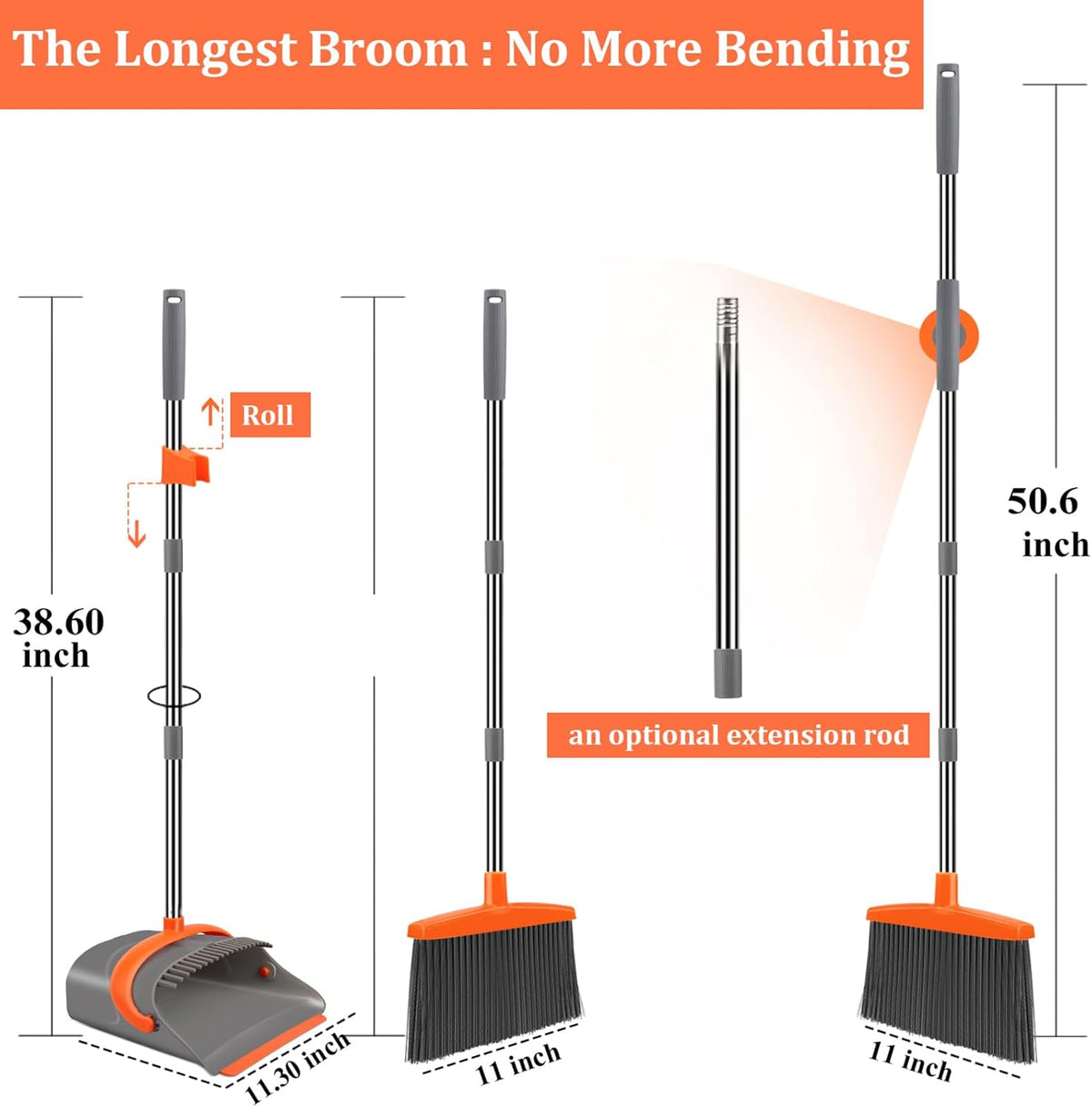 Broom & Dustpan Set with Adjustable Handle – Step-On Dustpan & Hair-Removing Comb Teeth