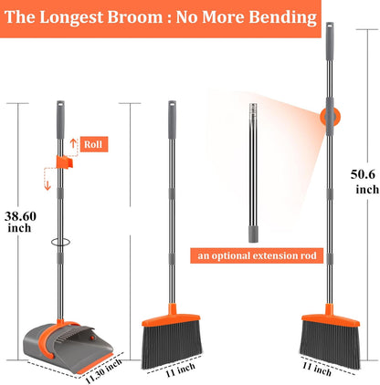 Broom & Dustpan Set with Adjustable Handle – Step-On Dustpan & Hair-Removing Comb Teeth