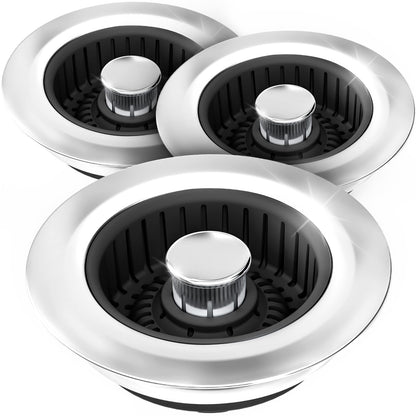3-in-1 Kitchen Sink Drain Strainer & Stopper – Catches Food Scraps, Fits Standard Drains
