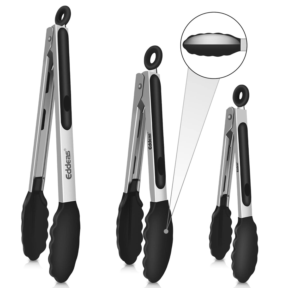 EDDEAS Stainless Steel Kitchen Tongs Set – Heat Resistant to 600°F, Locking, Set of 3 (7", 9", 12")