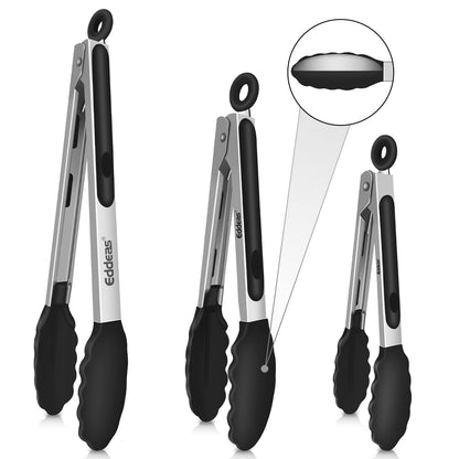 EDDEAS Stainless Steel Kitchen Tongs Set – Heat Resistant to 600°F, Locking, Set of 3 (7", 9", 12")