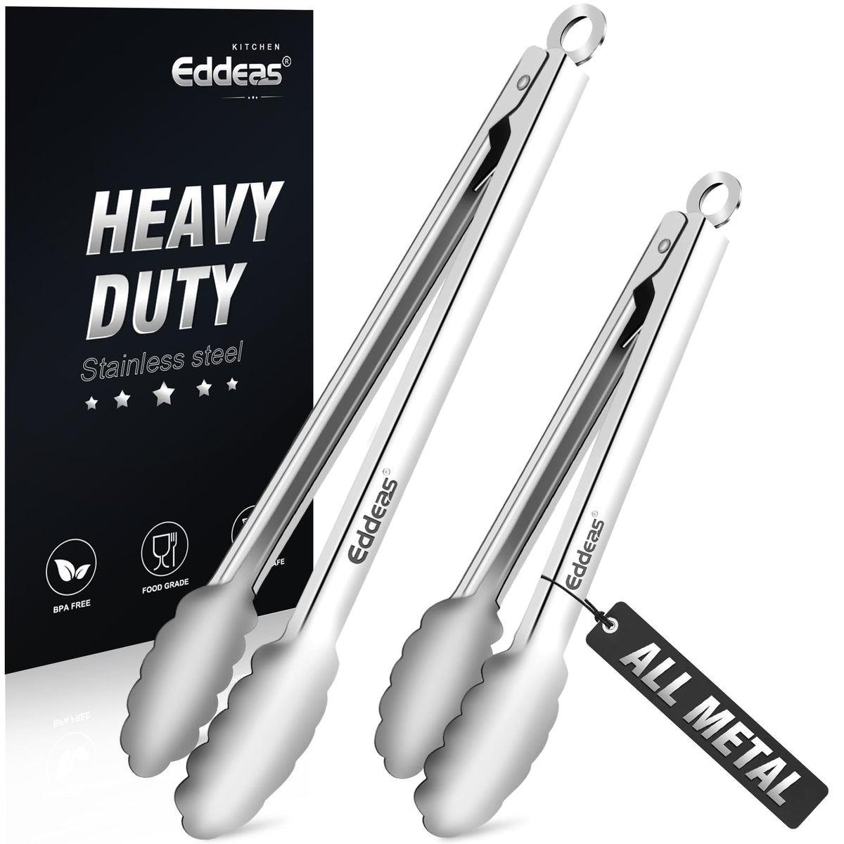 EDDEAS Stainless Steel Kitchen Tongs Set – Heat Resistant to 600°F, Locking, Set of 3 (7", 9", 12")