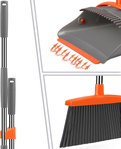 Broom & Dustpan Set with Adjustable Handle – Step-On Dustpan & Hair-Removing Comb Teeth