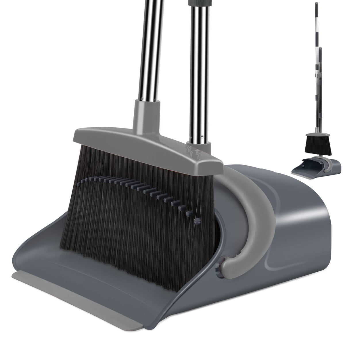 Broom & Dustpan Set with Adjustable Handle – Step-On Dustpan & Hair-Removing Comb Teeth