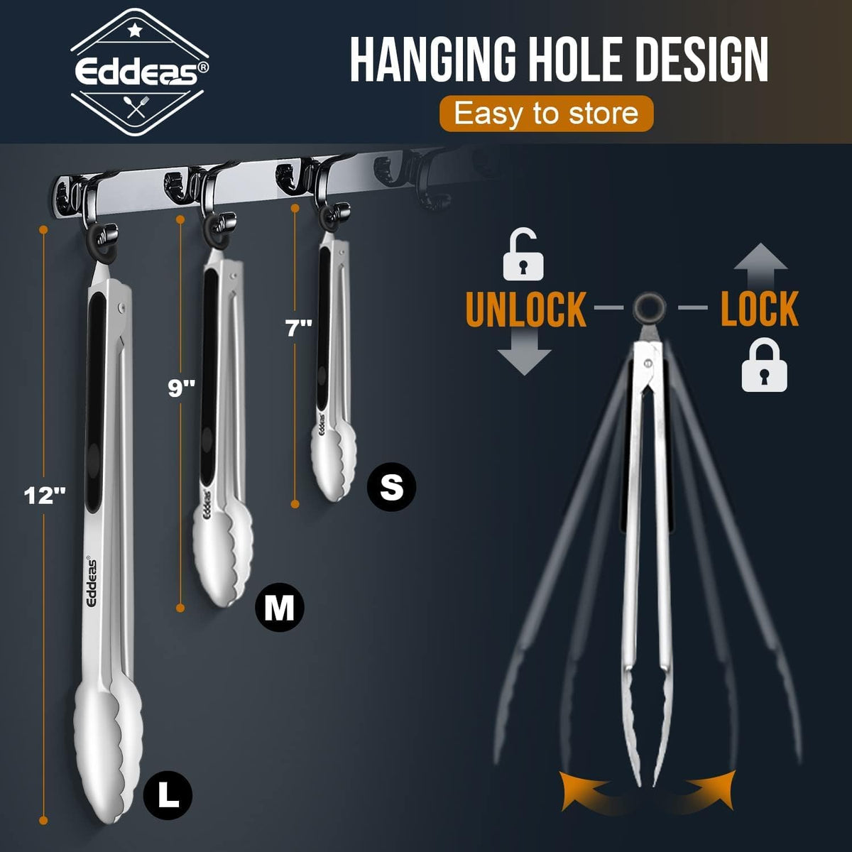 EDDEAS Stainless Steel Kitchen Tongs Set – Heat Resistant to 600°F, Locking, Set of 3 (7", 9", 12")
