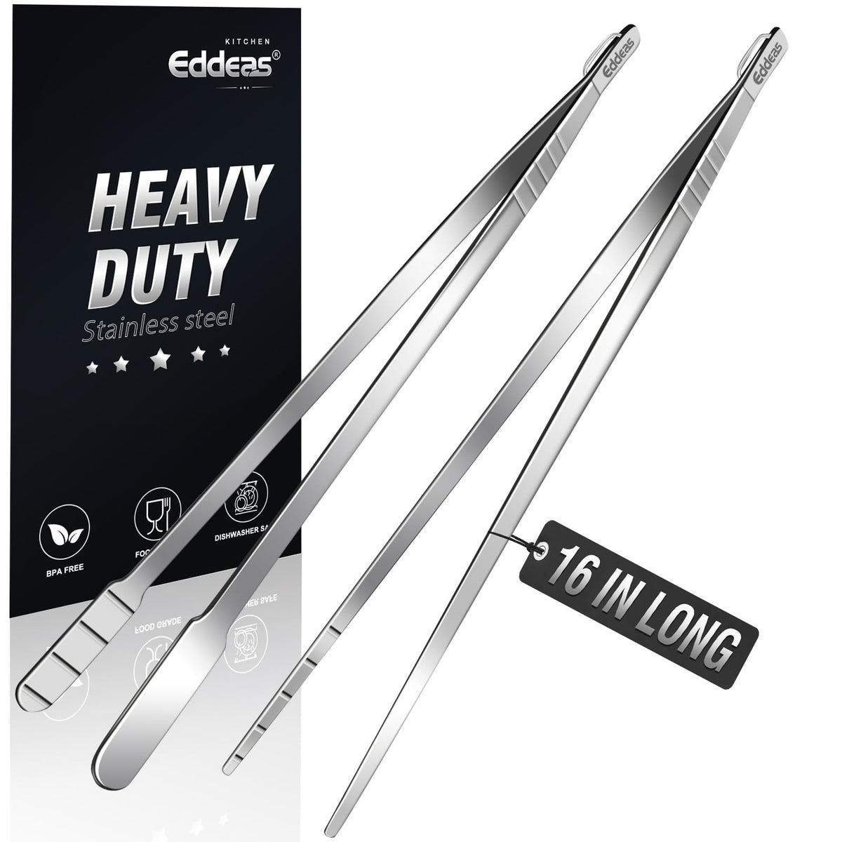 EDDEAS Stainless Steel Kitchen Tongs Set – Heat Resistant to 600°F, Locking, Set of 3 (7", 9", 12")