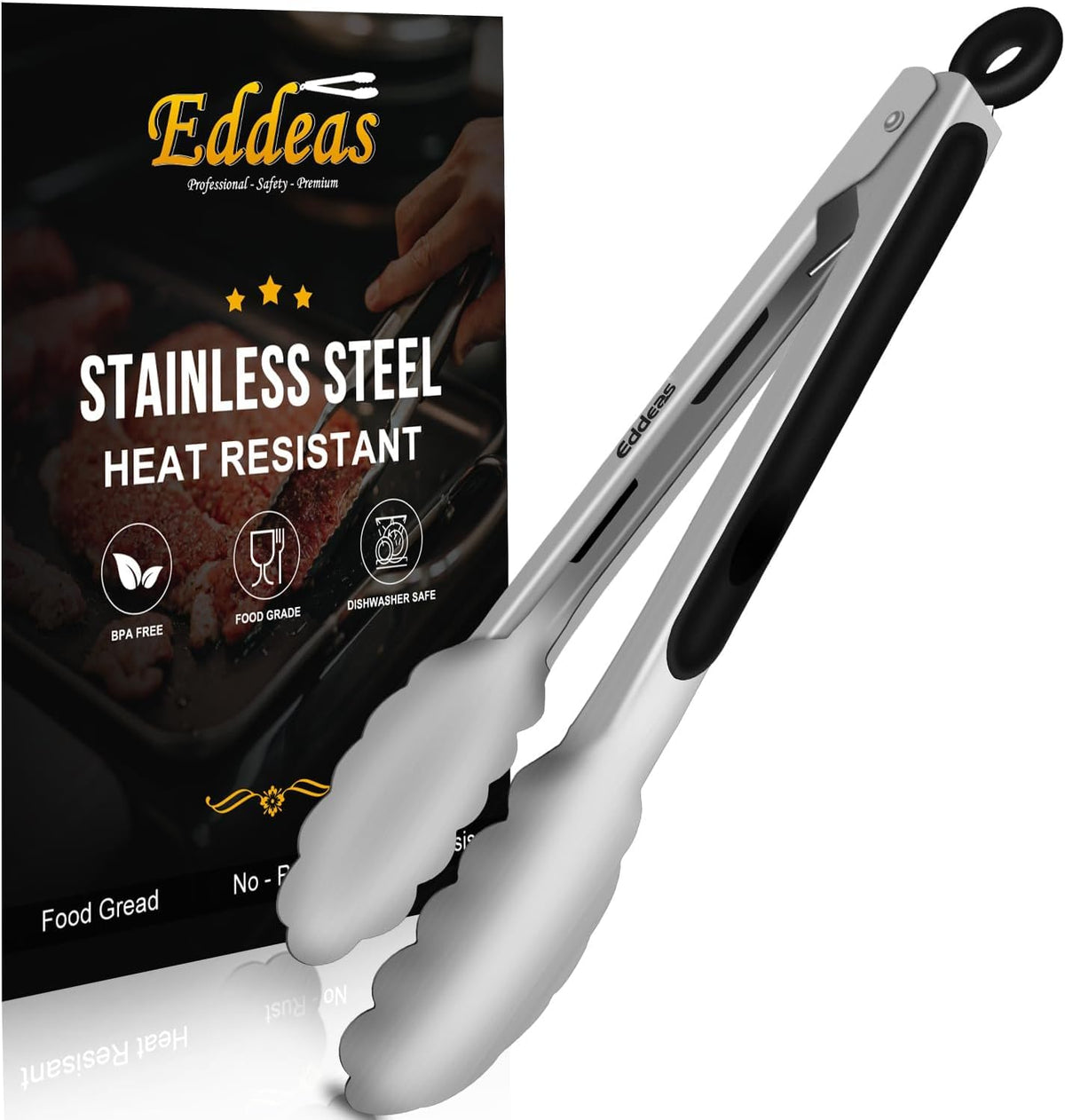 EDDEAS Stainless Steel Kitchen Tongs Set – Heat Resistant to 600°F, Locking, Set of 3 (7", 9", 12")