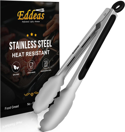 EDDEAS Stainless Steel Kitchen Tongs Set – Heat Resistant to 600°F, Locking, Set of 3 (7", 9", 12")