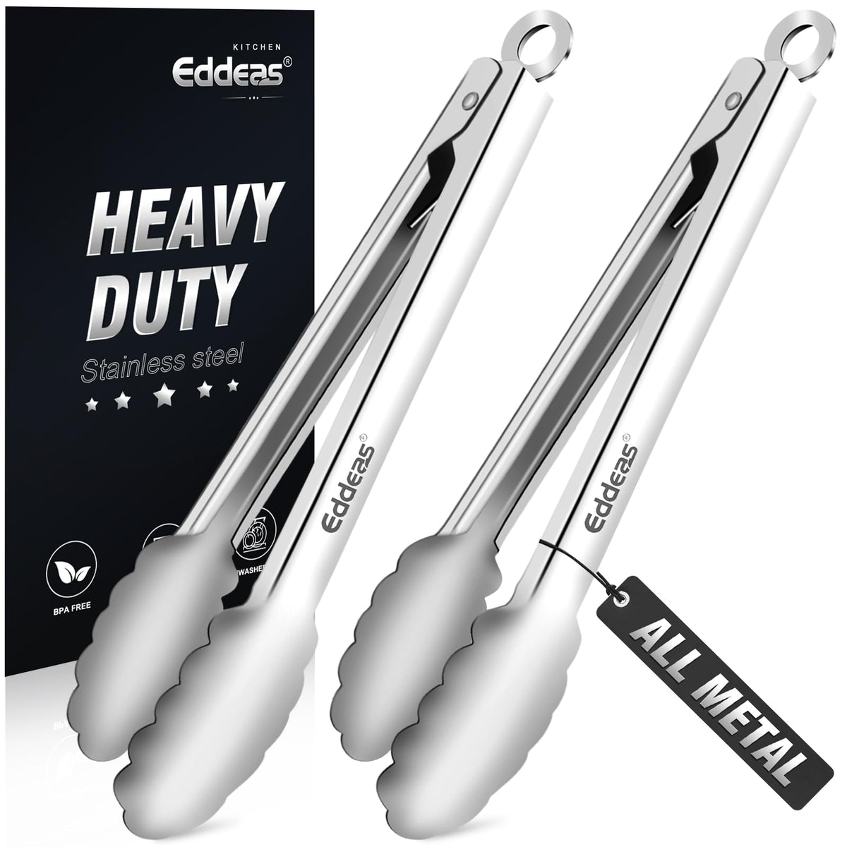 EDDEAS Stainless Steel Kitchen Tongs Set – Heat Resistant to 600°F, Locking, Set of 3 (7", 9", 12")