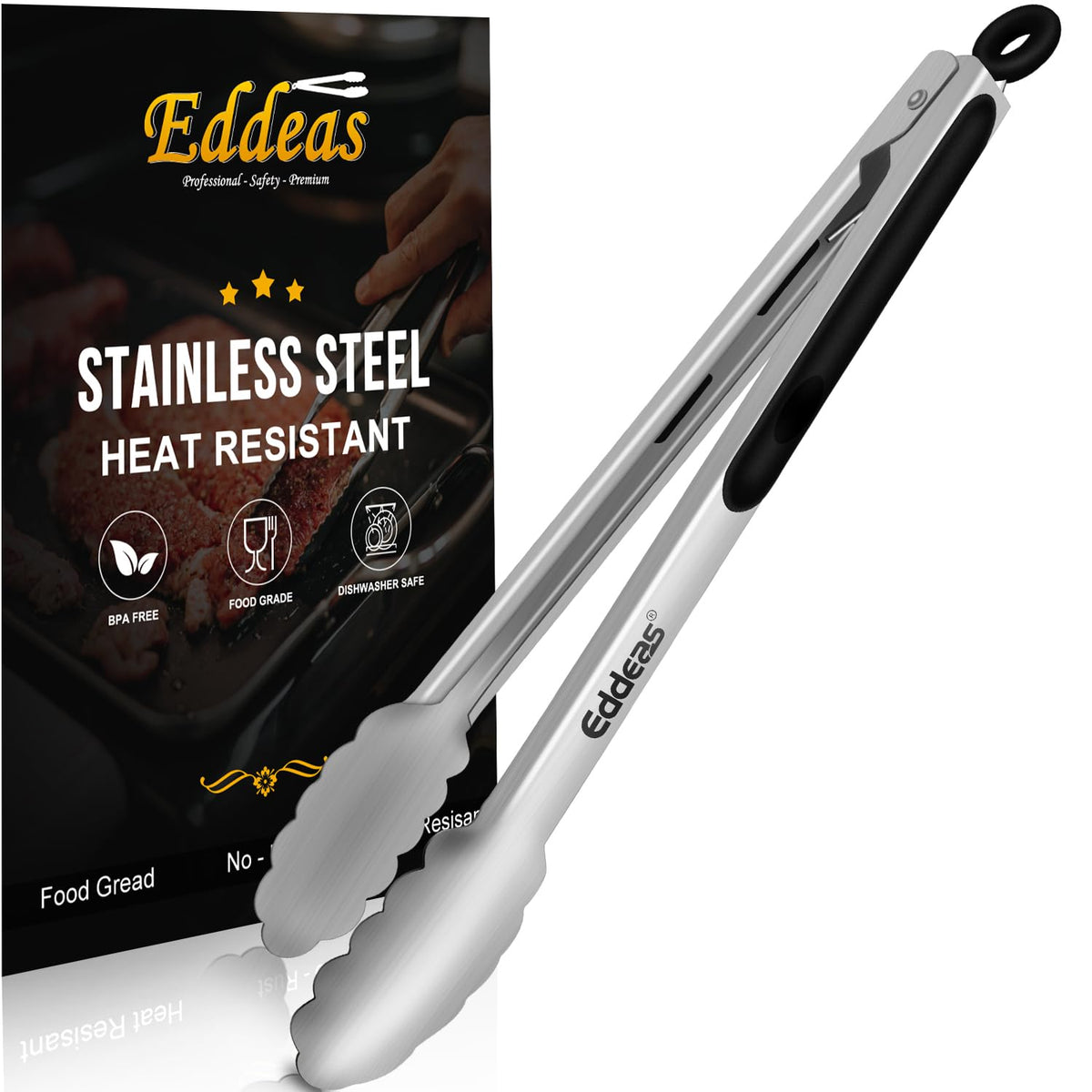 EDDEAS Stainless Steel Kitchen Tongs Set – Heat Resistant to 600°F, Locking, Set of 3 (7", 9", 12")