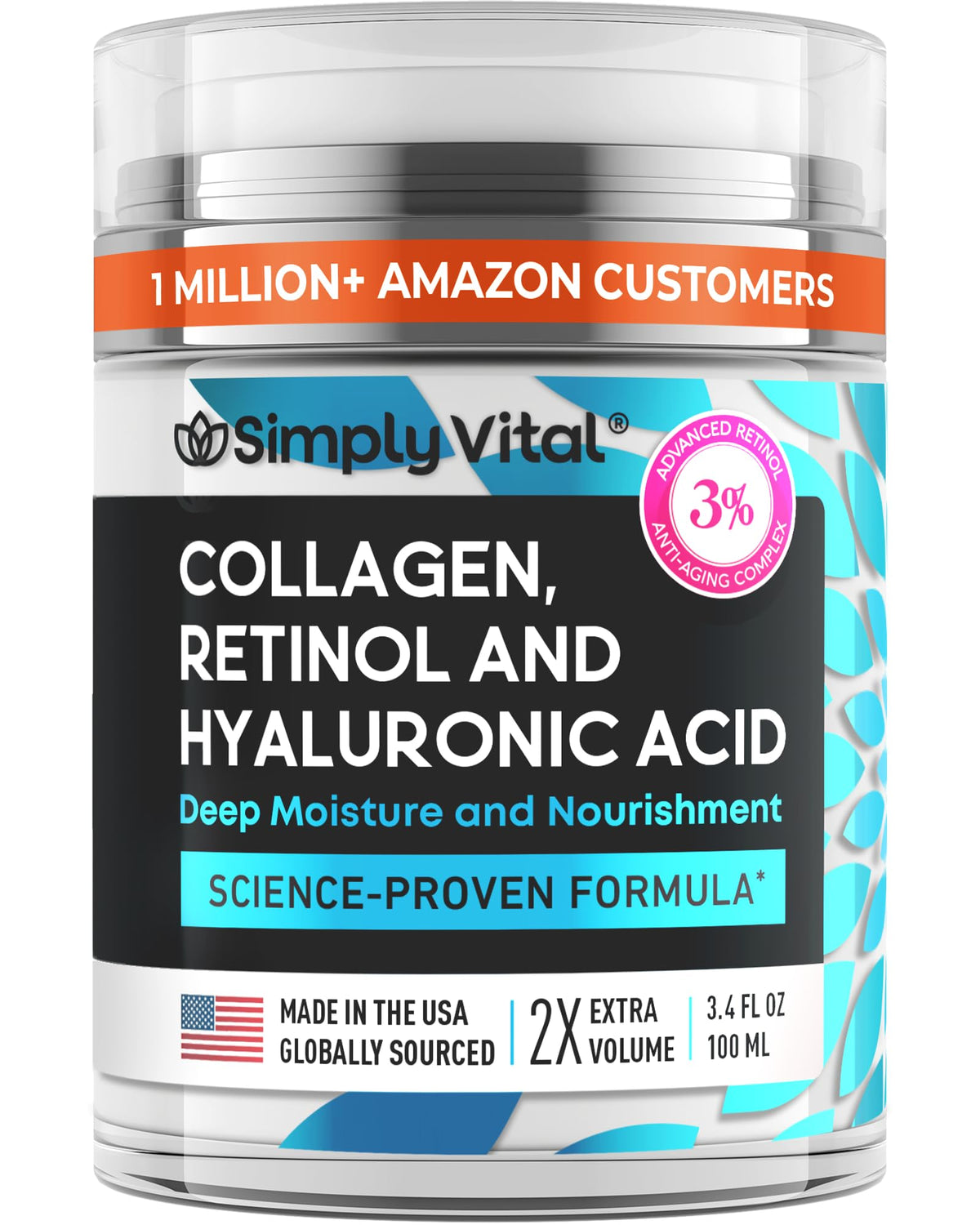 SimplyVital Anti-Aging Retinol Face Moisturizer – With Hyaluronic Acid & Collagen, 1.7 fl oz