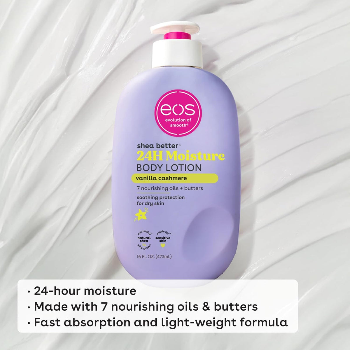 eos Shea Better Body Lotion – Vanilla Cashmere, 24-Hour Moisture, Non-Greasy, 16 fl oz