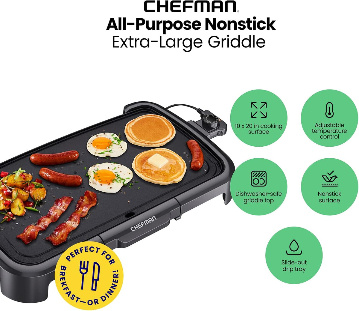 Chefman XL Nonstick Electric Griddle – 10"×20" Surface, 200–420°F, Dishwasher Safe, 1500W