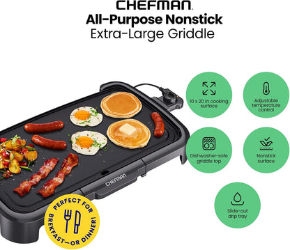Chefman XL Nonstick Electric Griddle – 10"×20" Surface, 200–420°F, Dishwasher Safe, 1500W