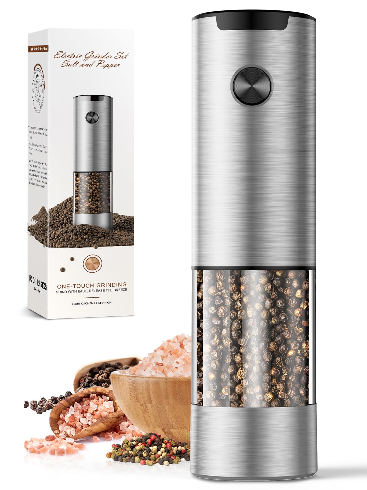 ioion Electric Salt & Pepper Grinder Set – 5 Grind Settings, LED Light, One-Hand Operation