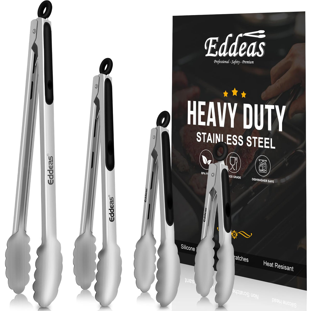 EDDEAS Stainless Steel Kitchen Tongs Set – Heat Resistant to 600°F, Locking, Set of 3 (7", 9", 12")