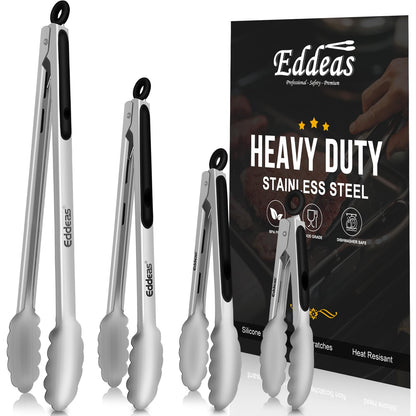 EDDEAS Stainless Steel Kitchen Tongs Set – Heat Resistant to 600°F, Locking, Set of 3 (7", 9", 12")