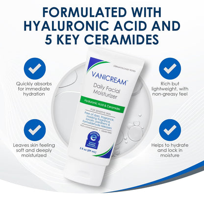 Vanicream Daily Facial Moisturizer – Ceramides, Hyaluronic Acid & Squalane, Fragrance-Free, 3 fl oz