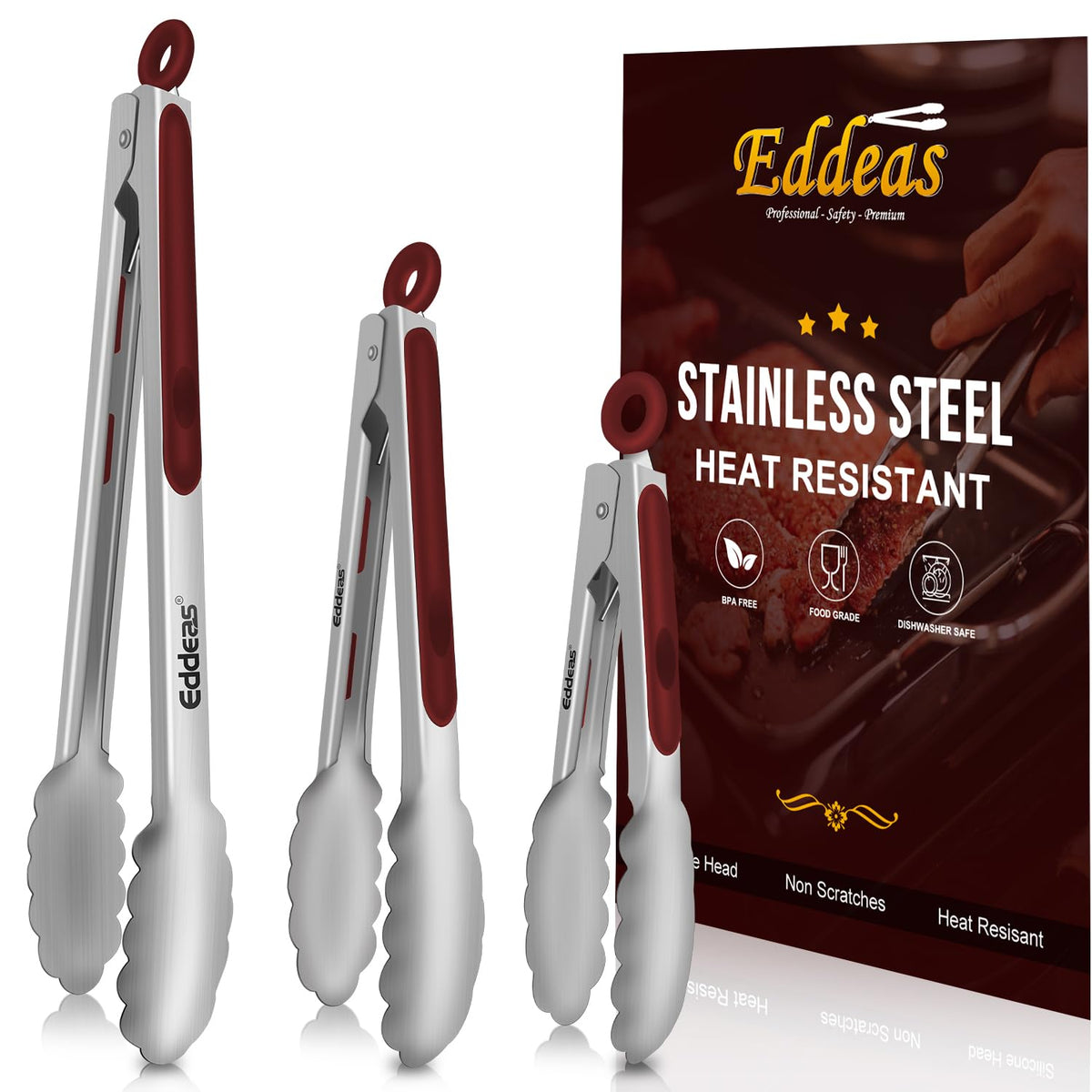 EDDEAS Stainless Steel Kitchen Tongs Set – Heat Resistant to 600°F, Locking, Set of 3 (7", 9", 12")