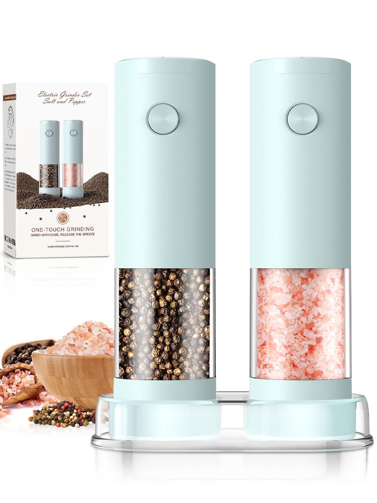 ioion Electric Salt & Pepper Grinder Set – 5 Grind Settings, LED Light, One-Hand Operation