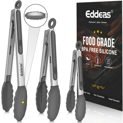 EDDEAS Stainless Steel Kitchen Tongs Set – Heat Resistant to 600°F, Locking, Set of 3 (7", 9", 12")