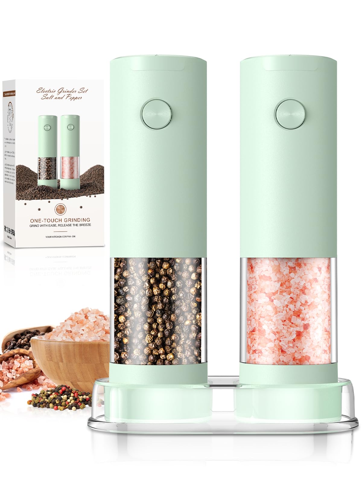 ioion Electric Salt & Pepper Grinder Set – 5 Grind Settings, LED Light, One-Hand Operation