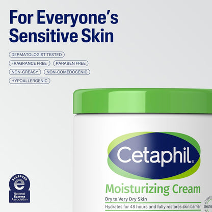 Cetaphil Moisturizing Cream for Dry to Very Dry Skin – 48-Hour Hydration, Fragrance-Free, 16 fl oz