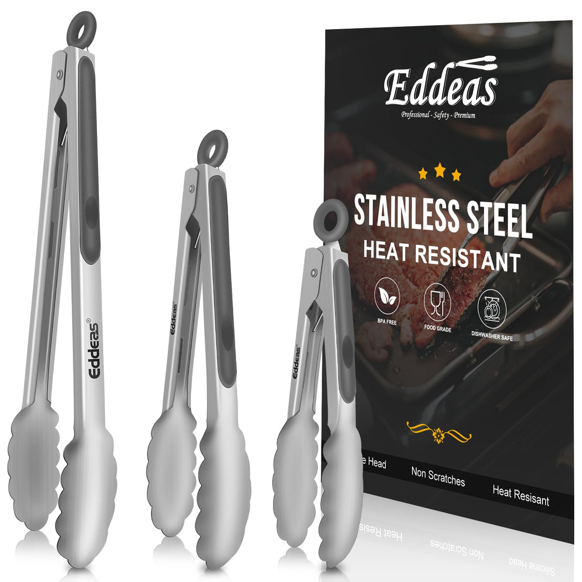 EDDEAS Stainless Steel Kitchen Tongs Set – Heat Resistant to 600°F, Locking, Set of 3 (7", 9", 12")