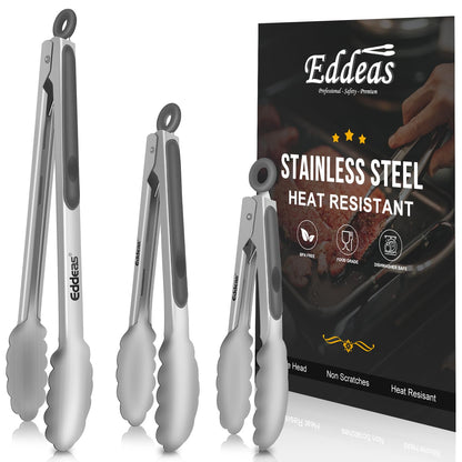 EDDEAS Stainless Steel Kitchen Tongs Set – Heat Resistant to 600°F, Locking, Set of 3 (7", 9", 12")