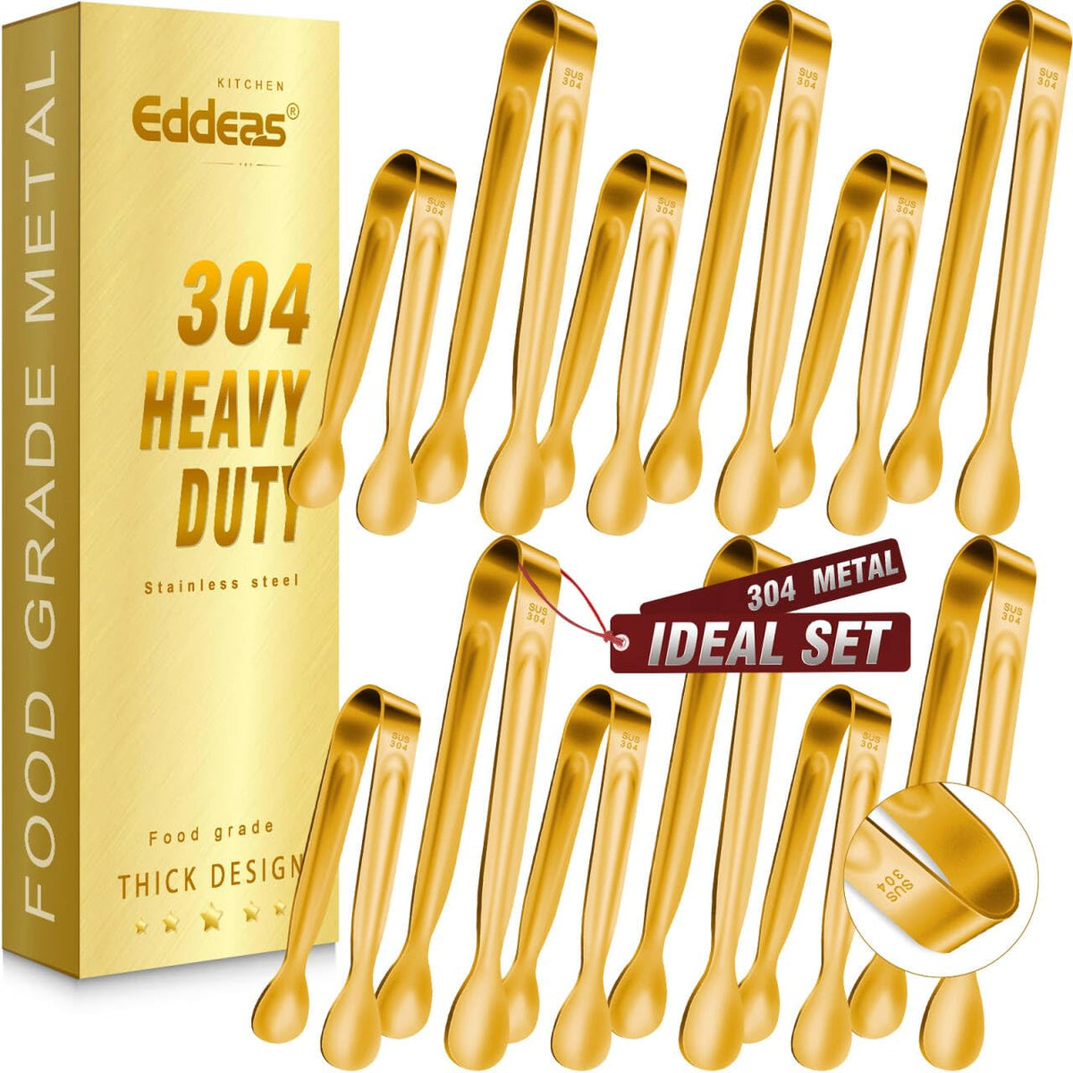EDDEAS Stainless Steel Kitchen Tongs Set – Heat Resistant to 600°F, Locking, Set of 3 (7", 9", 12")
